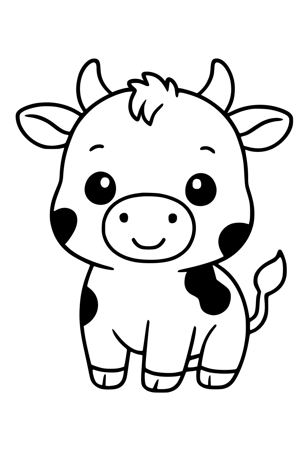 Cartoon cow with big round eyes, small horns, ears outstretched, a tuft of hair, and black spots on her body.