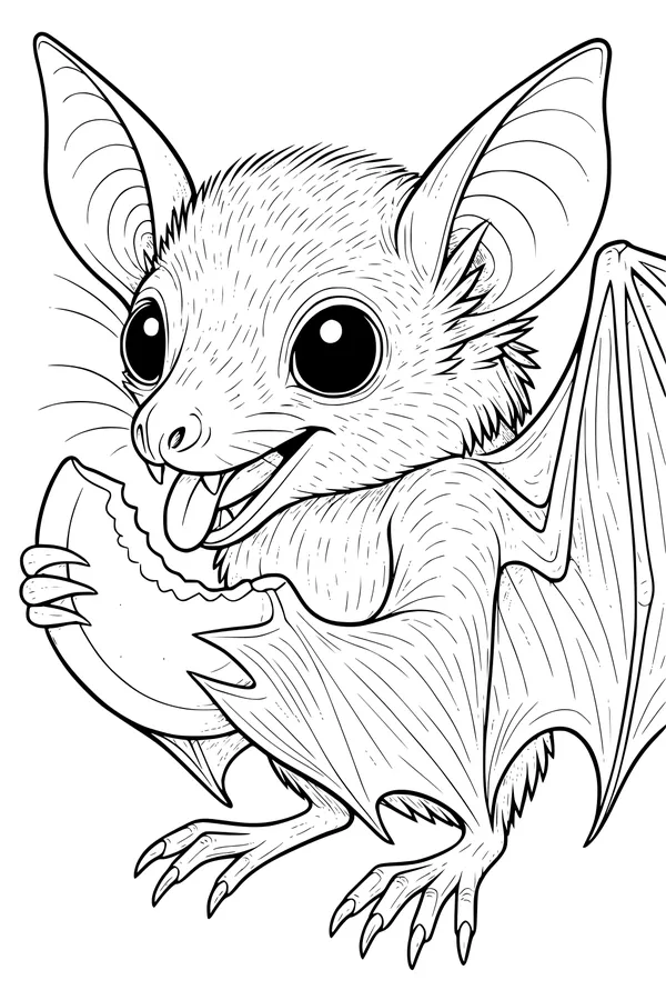 Free Bat Coloring Page - Cute Little Bat Eating Melon (Printable PDF)