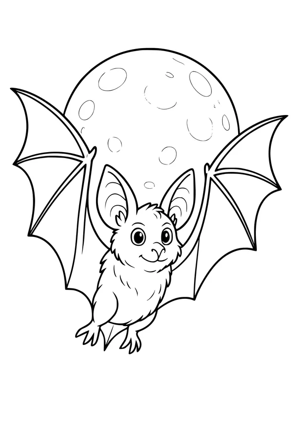 Free Bat Coloring Page - Friendly Bat Flying Before Full Moon (Printable PDF)