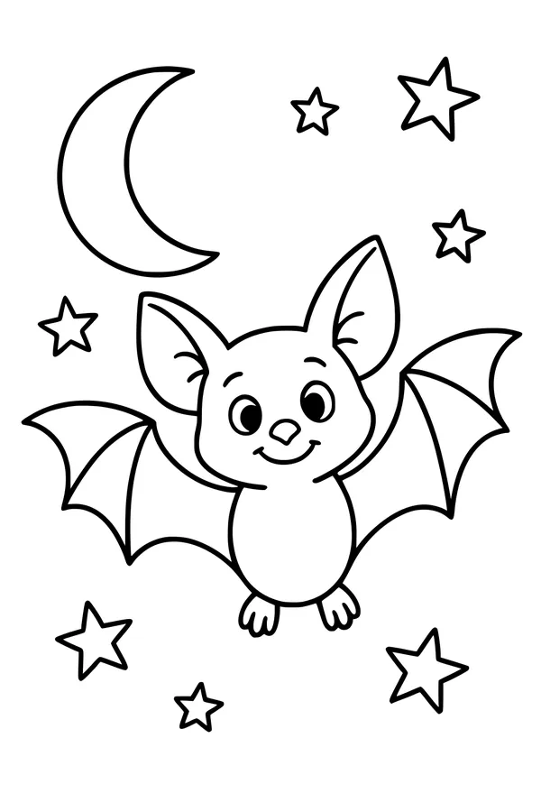 Free Bat Coloring Page - Smiling Bat In Moonlit Night Sky (Printable PDF)