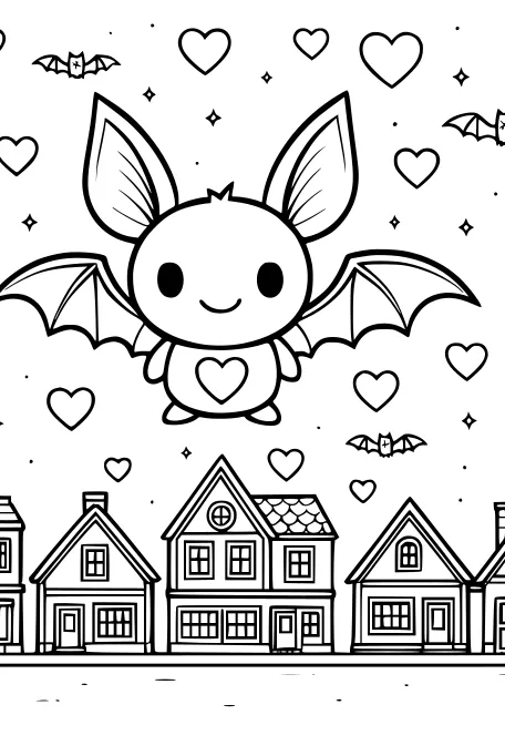 Free Bat Coloring Page - Cute Heart Bat Over Friendly Town (Printable PDF)