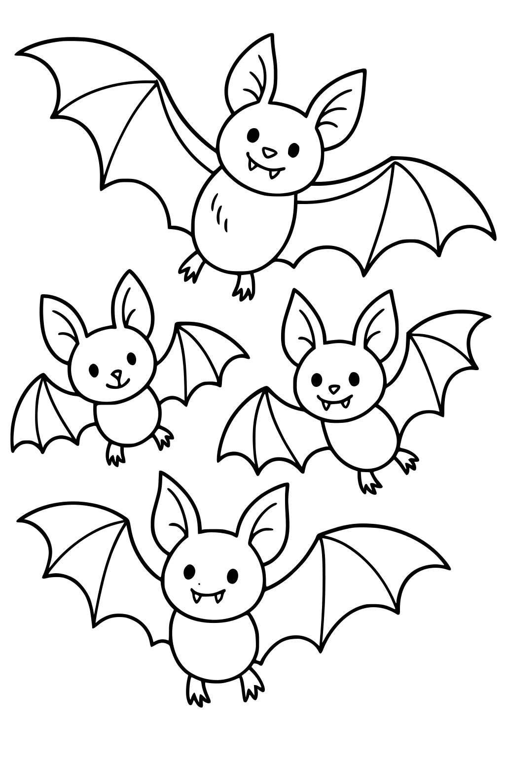 Four cartoon bats with wide wings and big ears fly together. Each bat has a round body, small fangs, and friendly eyes.