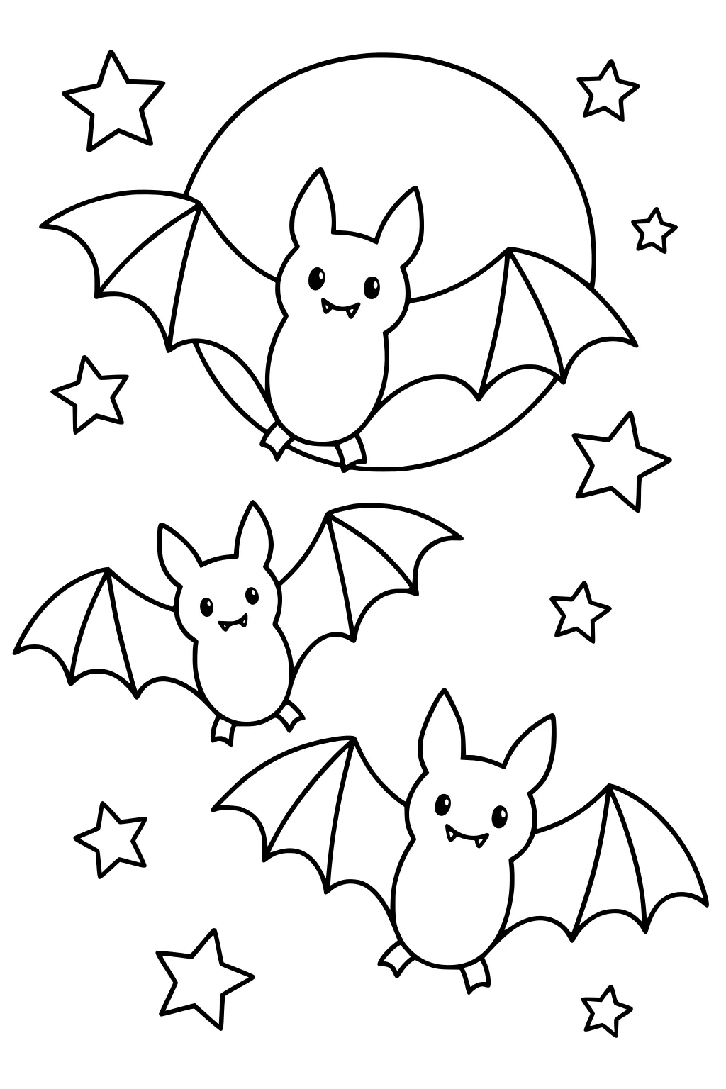 Three smiling cartoon bats flying in front of a large moon, surrounded by stars on a plain white background.