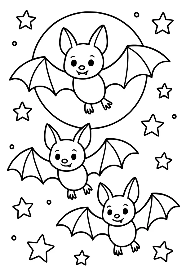 Free Bat Coloring Page - Cartoon Bats Flying Past the Moon (Printable PDF)