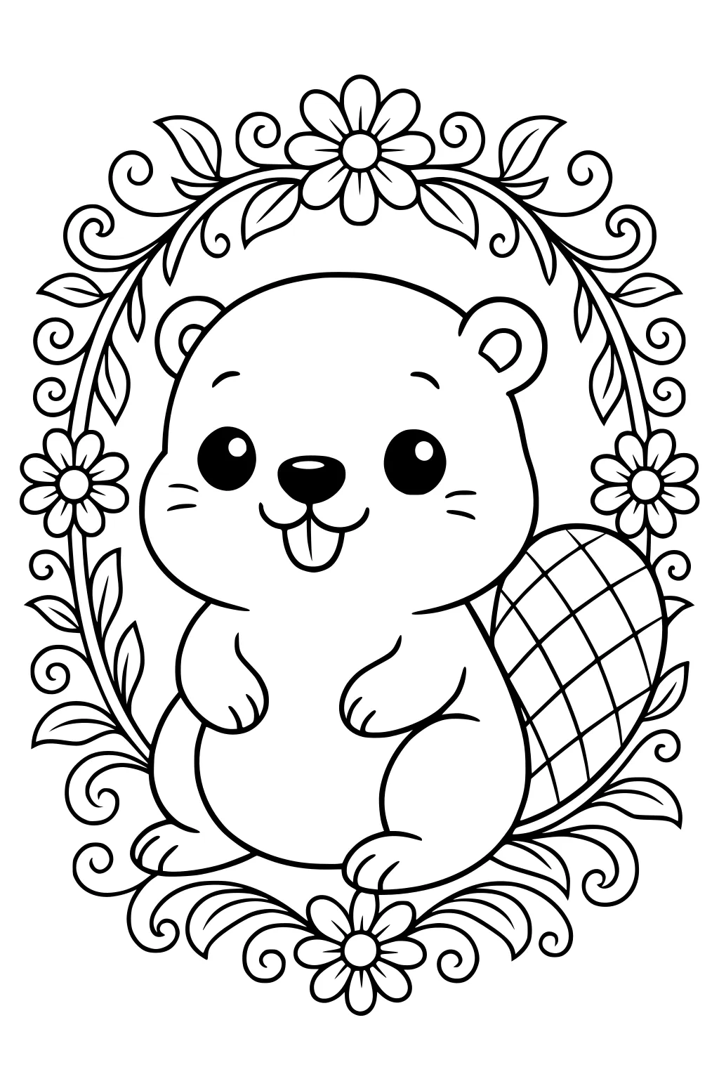 Cartoon beaver with large eyes and patterned tail surrounded by a border of flowers, leaves, and swirling vines.