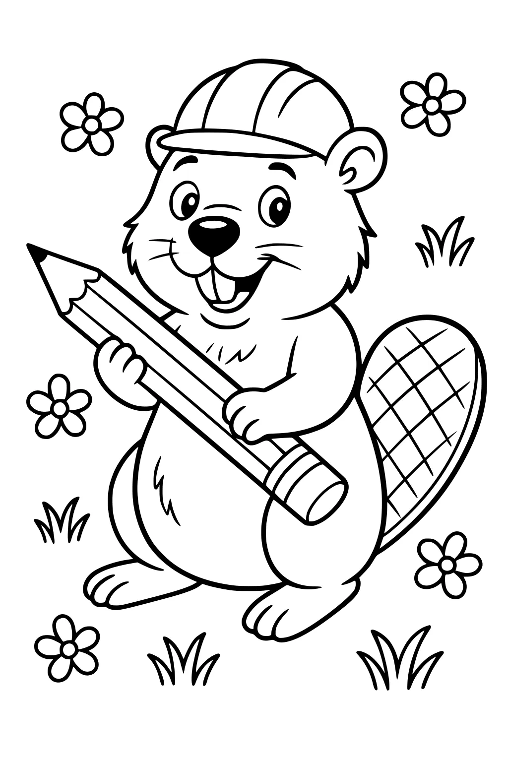 Beaver with hard hat holding pencil among flowers and grass.