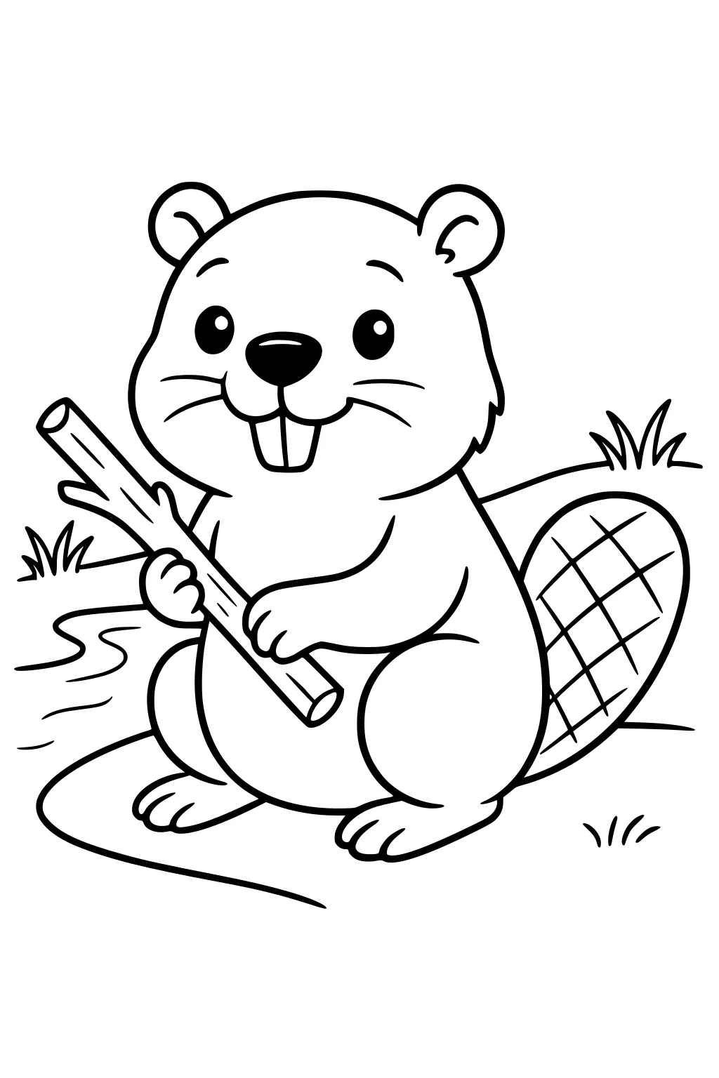 Cartoon beaver sitting with a stick near a stream, showing big teeth and a patterned tail.