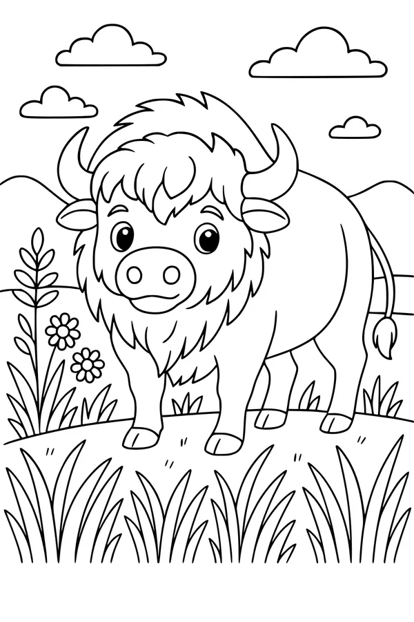 Free Buffalo Coloring Page - Young Bison on Mountain Prairie (Printable PDF)