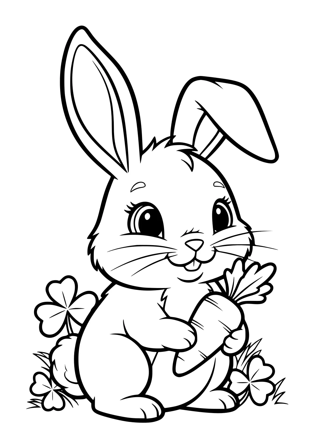 Smiling bunny with big ears holds a carrot while sitting in grass, surrounded by clover plants.