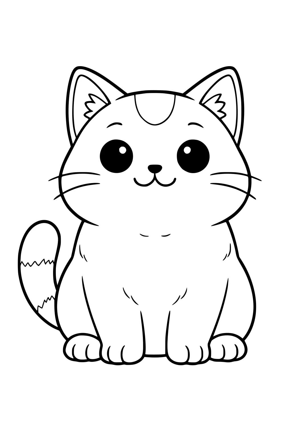 Simple cartoon drawing of a round cat sitting with big eyes, short whiskers, upright ears, and a striped tail.
