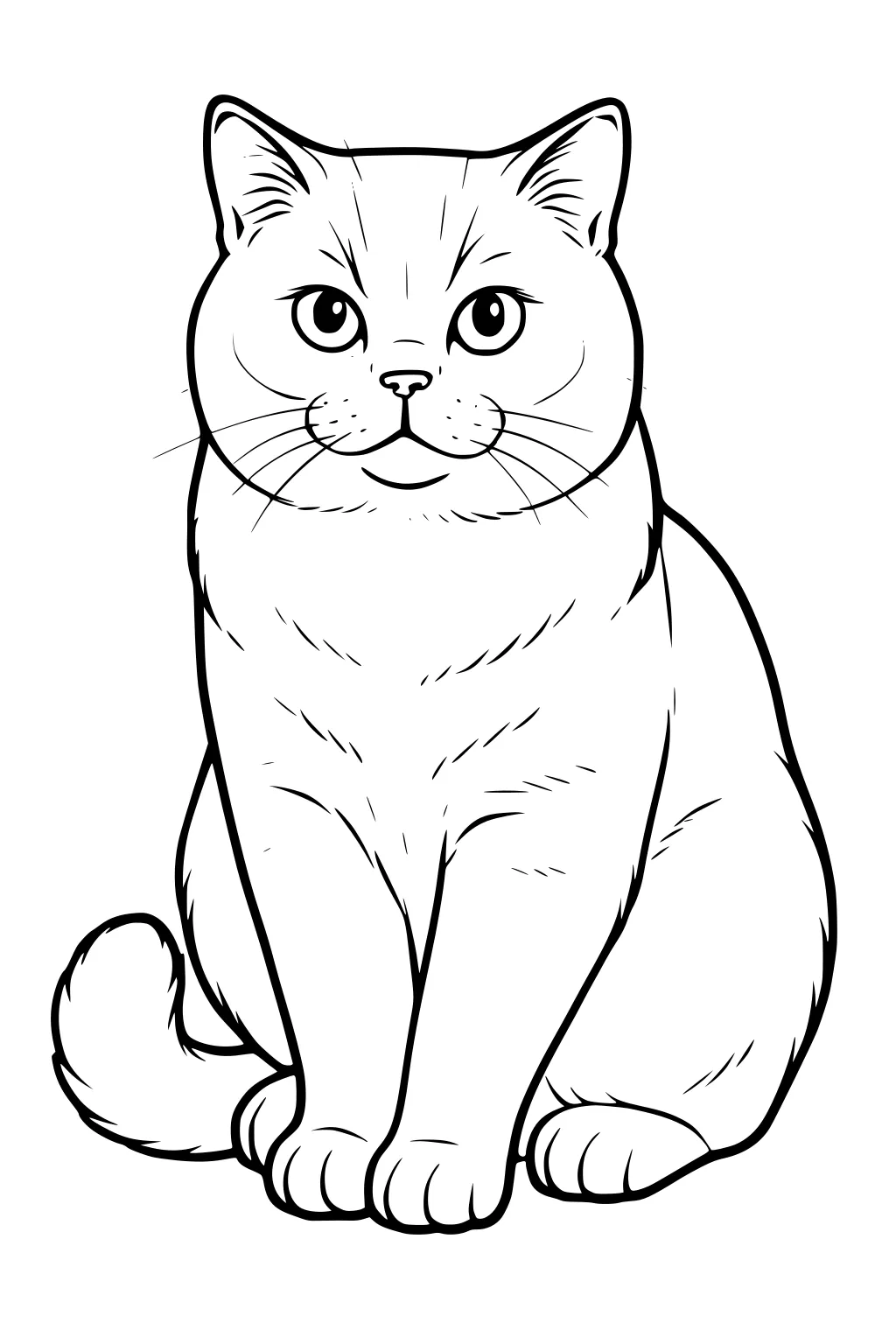 Domestic cat sitting upright with curved tail, round face, wide eyes, pointy ears, and whiskers drawn in black outline.