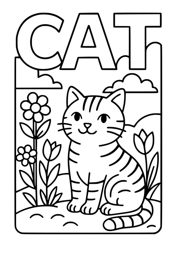 Free Cat Coloring Page - Striped Cat in Sunny Flower Garden (Printable PDF)