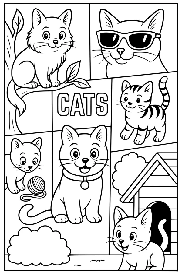 Free Cat Coloring Page - Cool Cartoon Cats in a Happy World (Printable PDF)