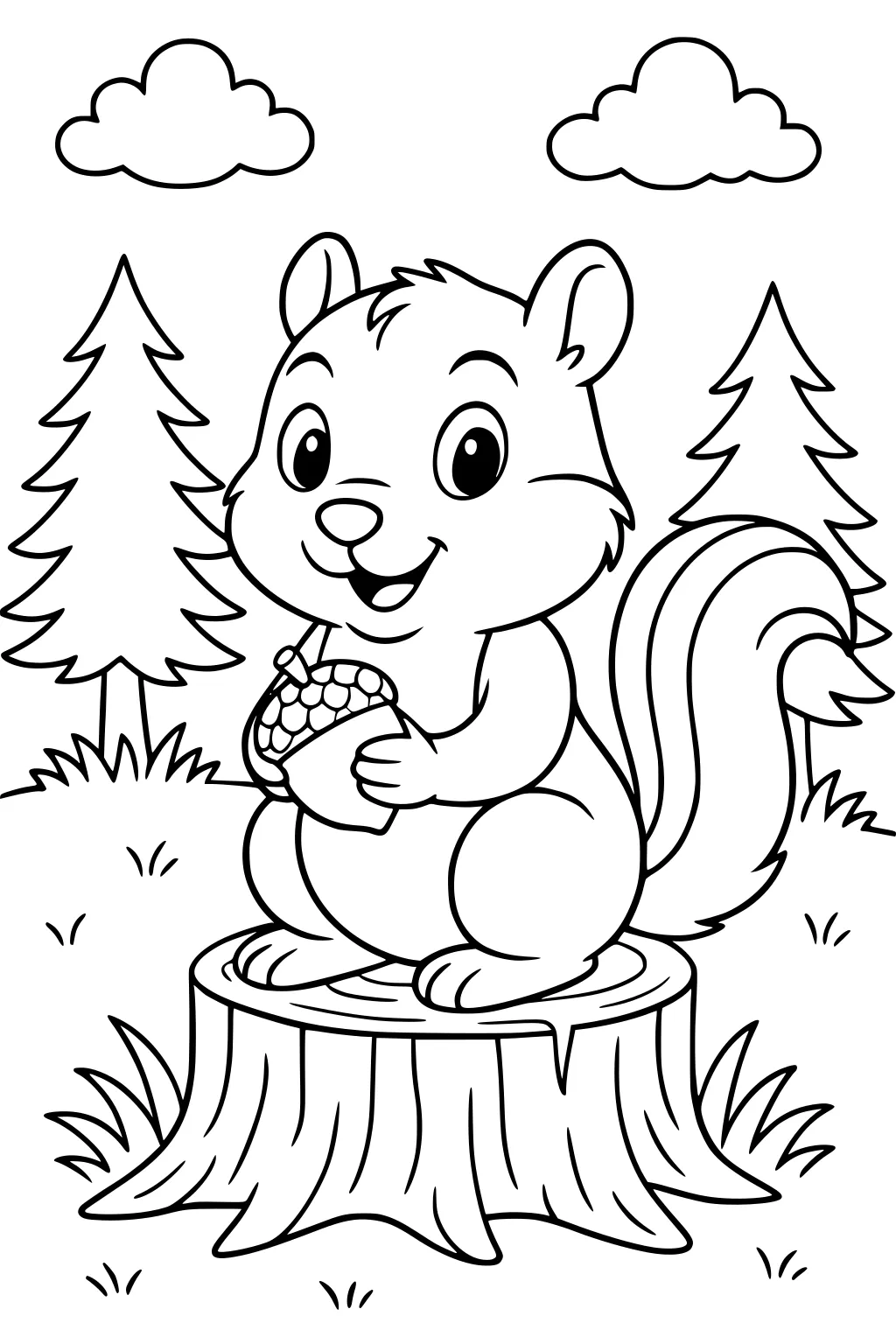 Smiling chipmunk holding an acorn sits on a tree stump, surrounded by pine trees, grass, and clouds overhead.