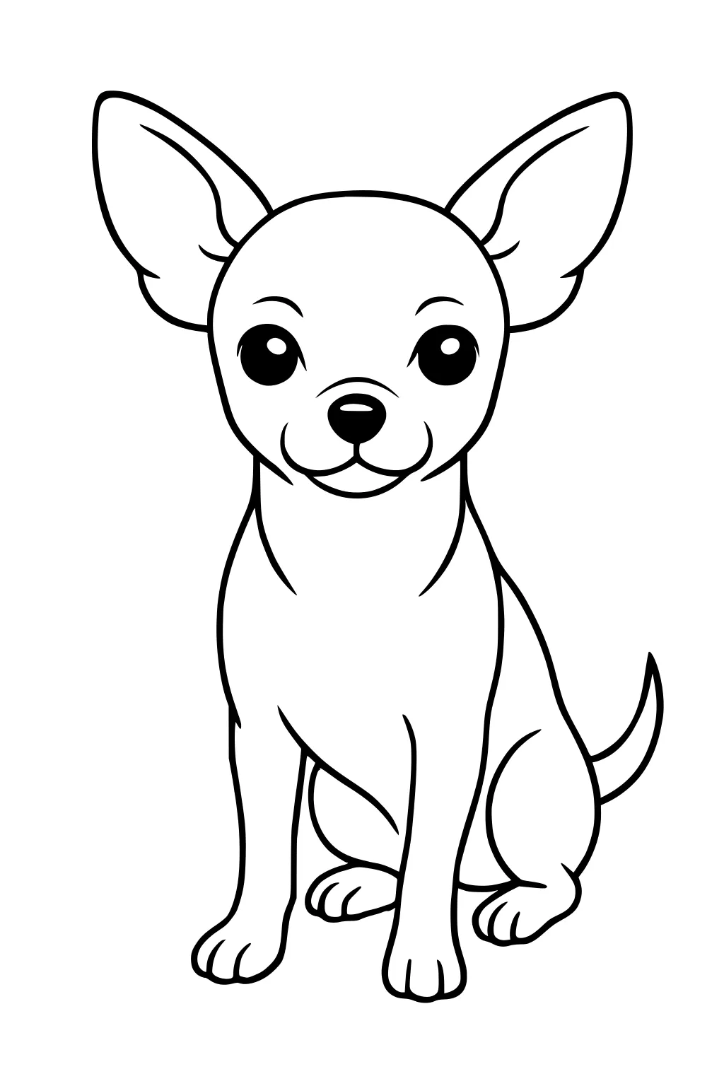 Small dog with large upright ears, sitting, round eyes, and a curled tail drawn in black outlines.