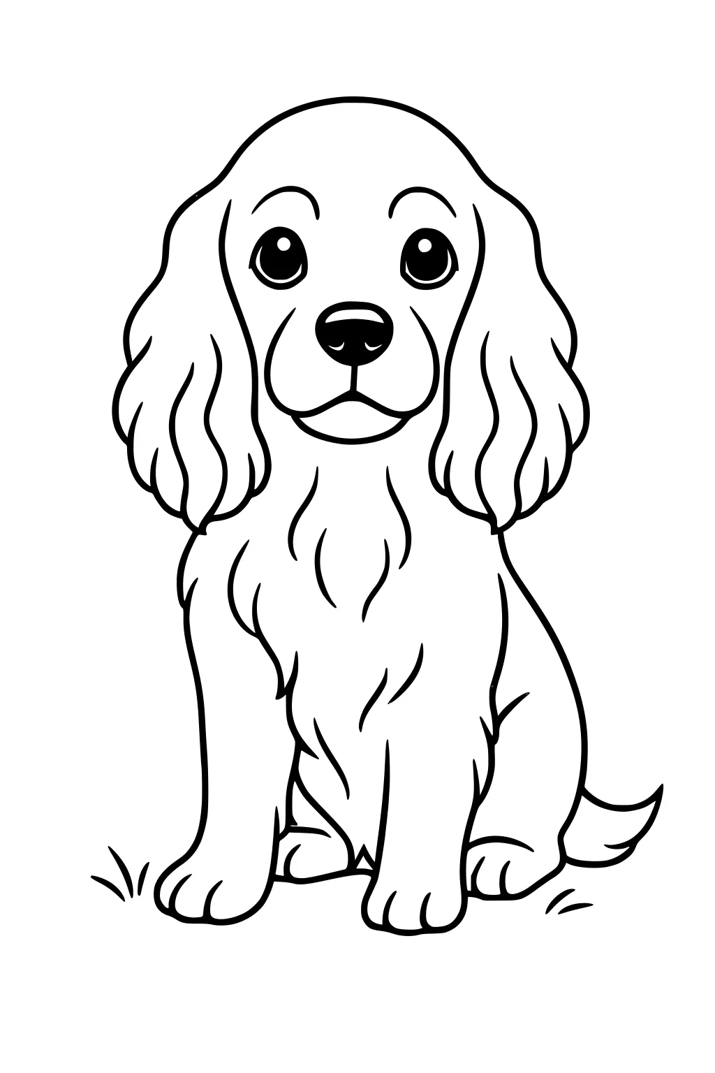 Cartoon dog with floppy ears and big eyes sitting on grass, looking forward.