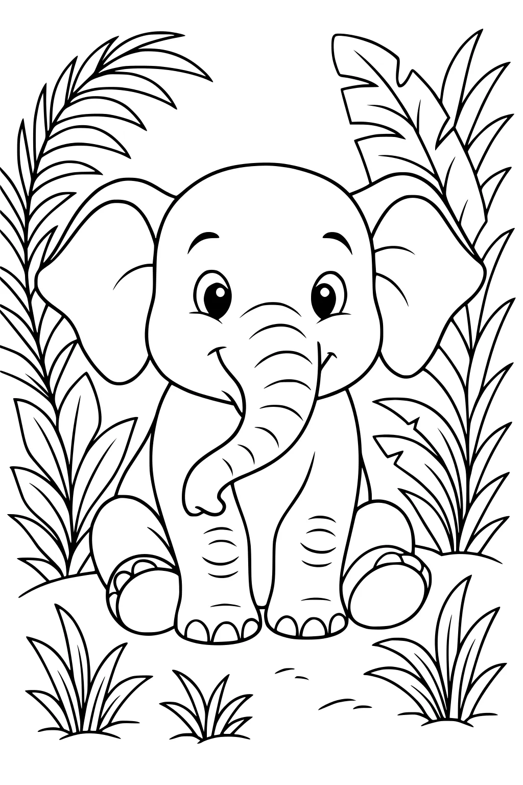 Smiling baby elephant sitting among tall grass and jungle leaves, with a curved trunk and round toes visible.