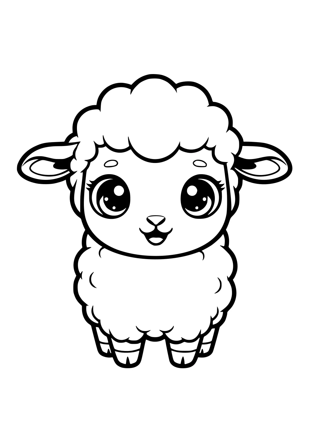 Cartoon sheep with fluffy wool, big sparkling eyes, round cheeks, and striped legs standing forward.