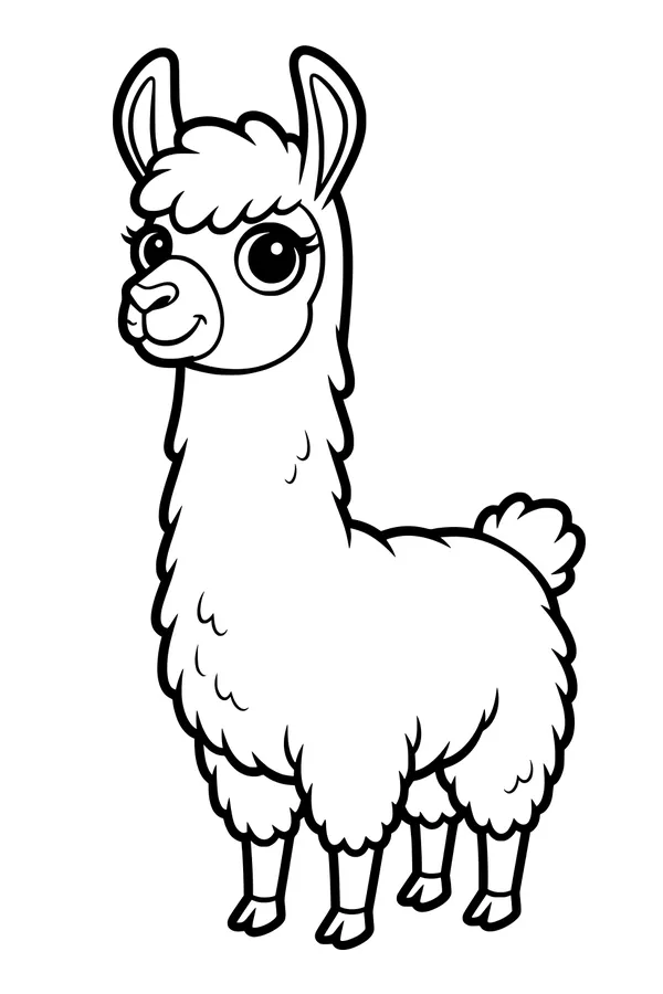 Free Llama Coloring Page - Fluffy Big-Eyed Llama Standing (Printable PDF)
