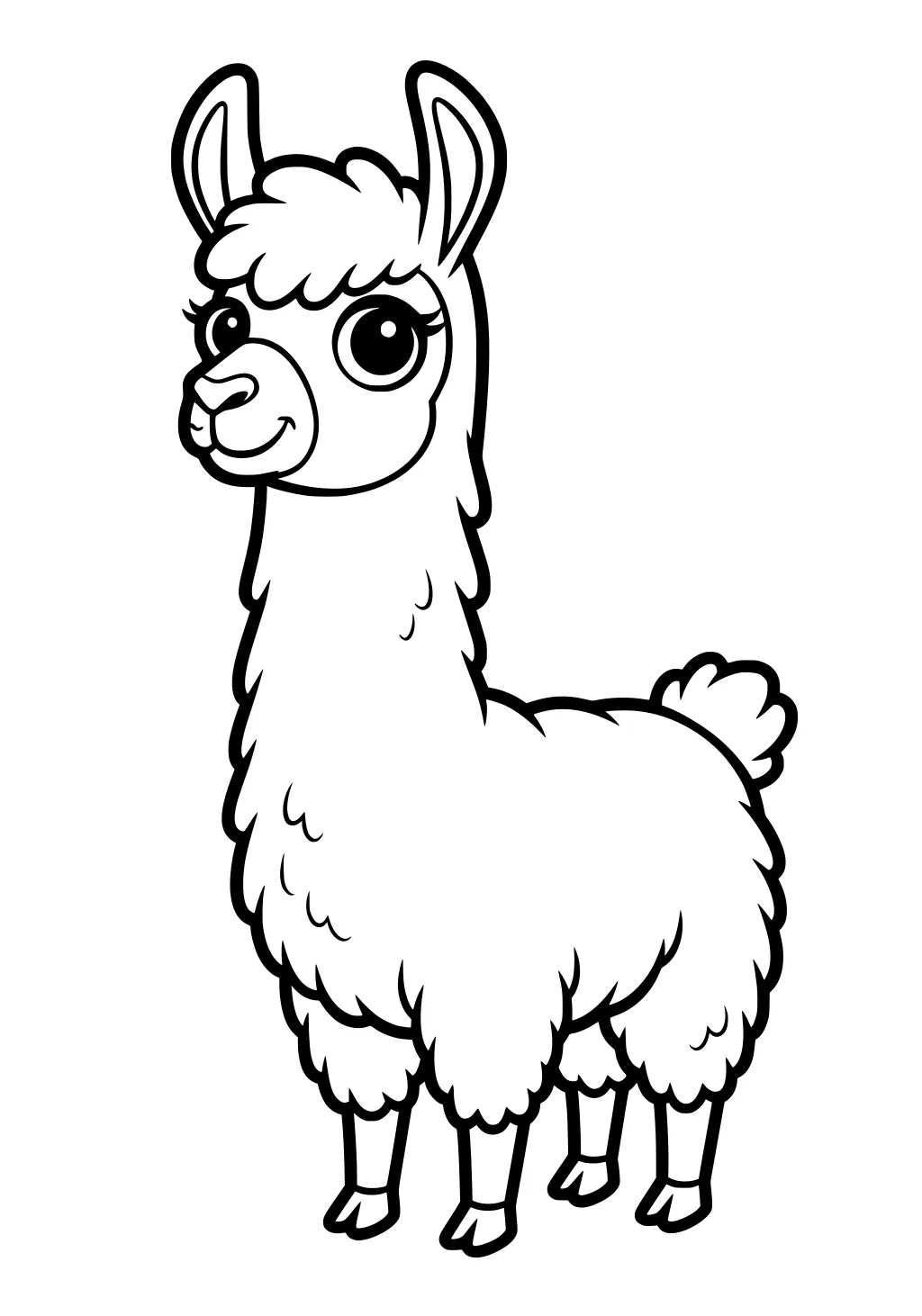 Fluffy llama standing upright with big eyes, large upright ears, and curly wool covering its body.