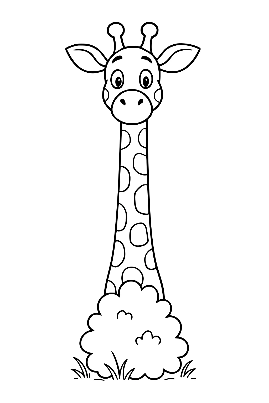 Cartoon giraffe with long neck, big eyes, and spots stands behind a bush with tufts of grass.