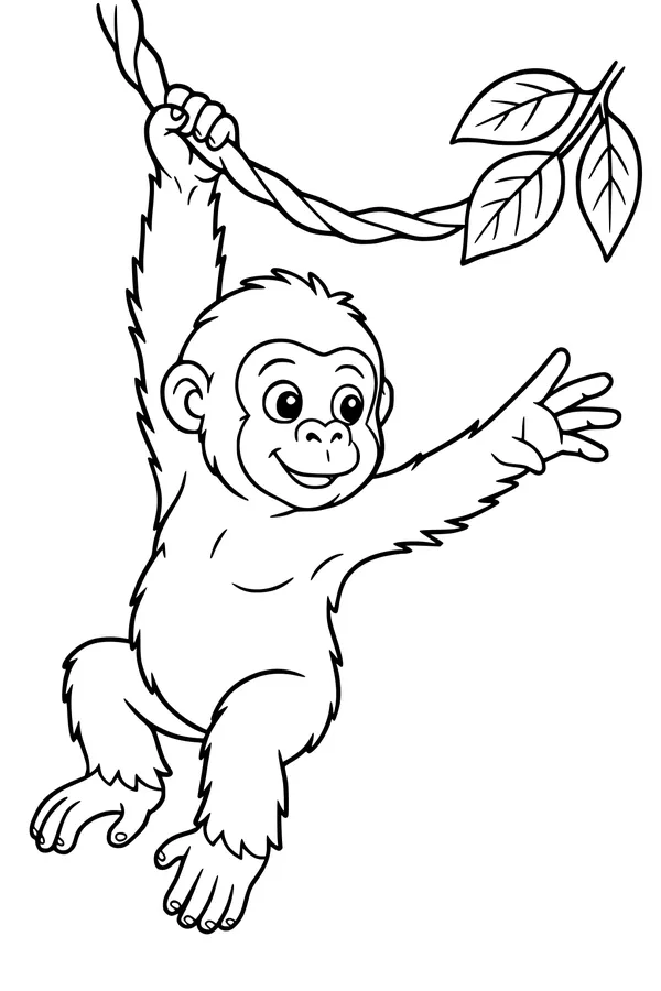 Free Gorilla Coloring Page - Young Ape Swinging on Jungle Vine (Printable PDF)