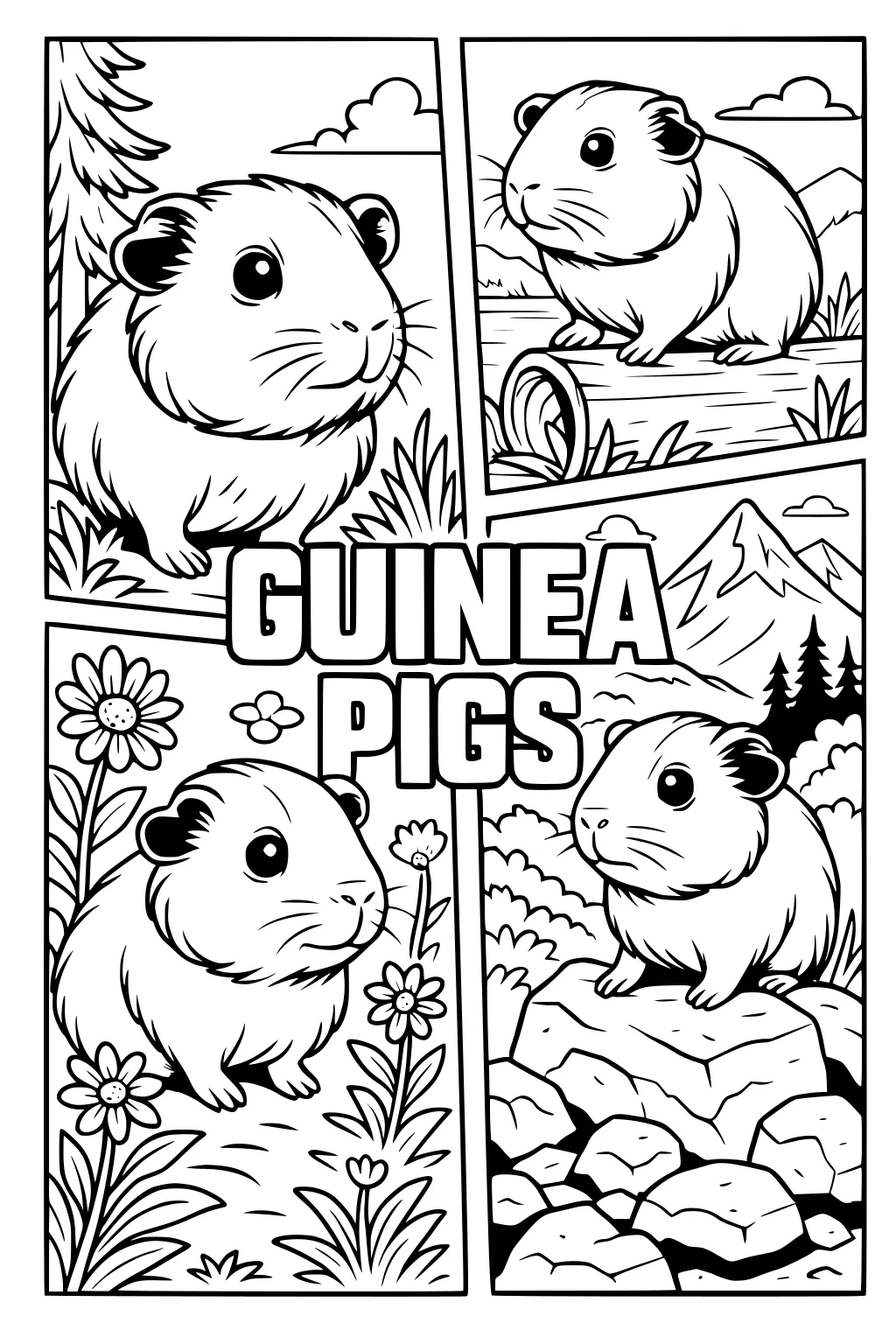 Four guinea pigs in different outdoor settings with flowers, grass, rocks, trees, and mountains, surrounded by comic-style panels.