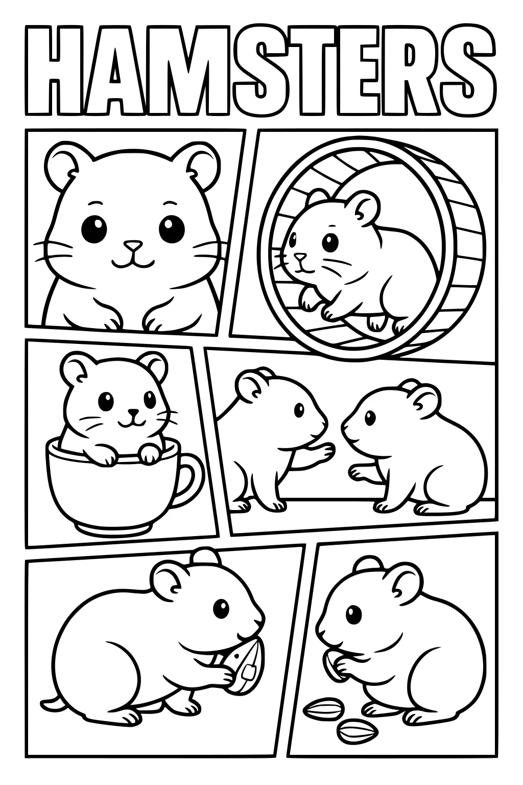 Six playful cartoon hamsters in a comic-style grid, with one in a teacup and another running in a wheel.