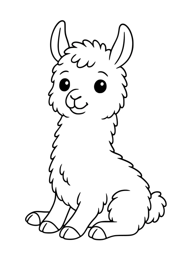 Free Llama Coloring Page - Cute Fluffy Llama Sitting and Smiling (Printable PDF)