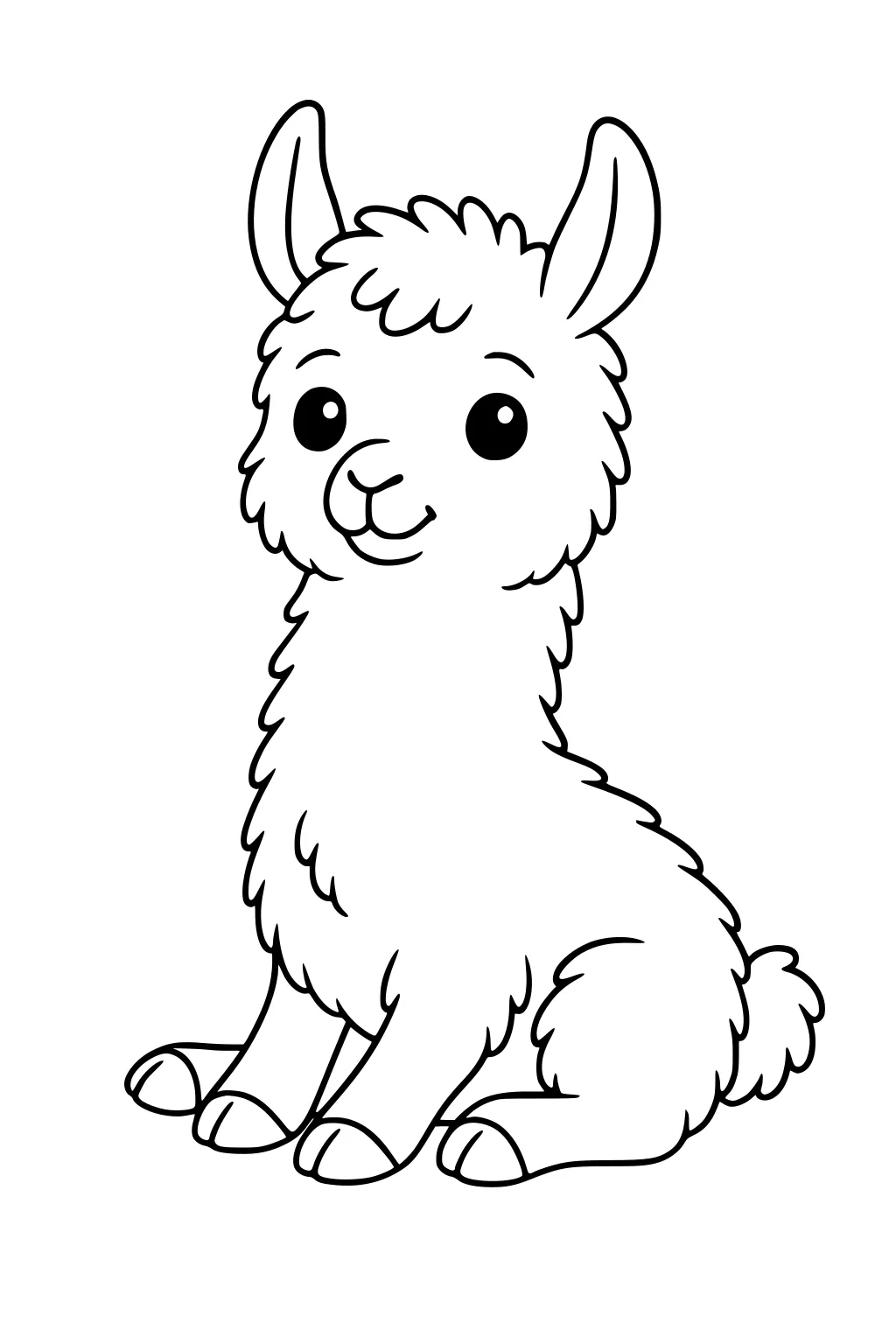 Cartoon llama sitting with fluffy wool, large eyes, upright ears, and a tiny tail, facing slightly to the left.