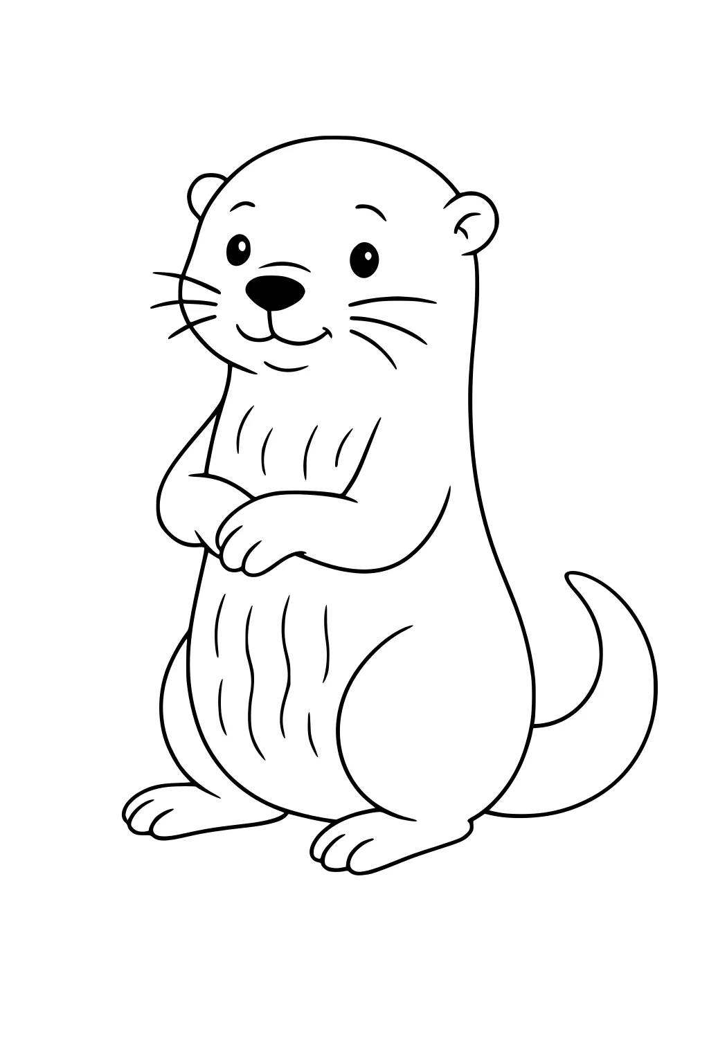 Cartoon otter standing upright with a smiling face, rounded belly, short ears, long curled tail, and paws together.