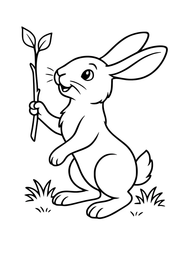 Free Hare Coloring Page - Smiling Hare With Leafy Twig (Printable PDF)