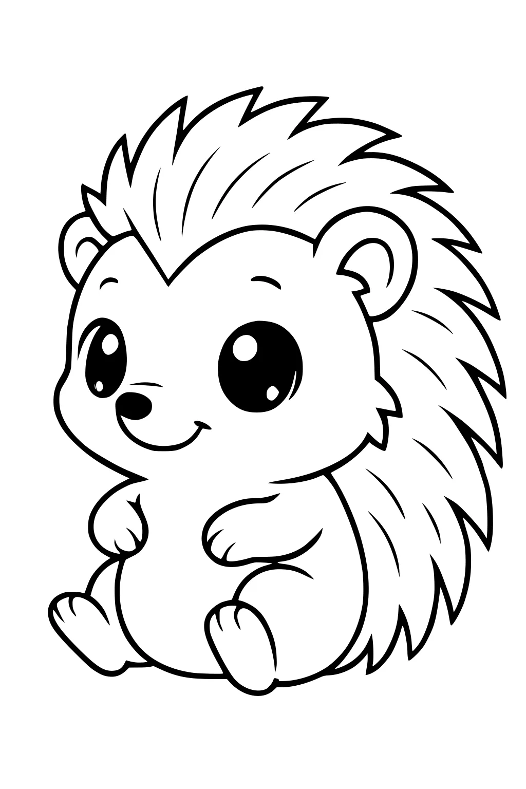 Cartoon hedgehog sitting upright with big eyes, round tummy, small paws, and pointy quills around its back