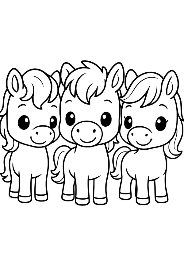 Free Horse Coloring Page - Three Cartoon Friends with Fluffy Manes (Printable PDF)