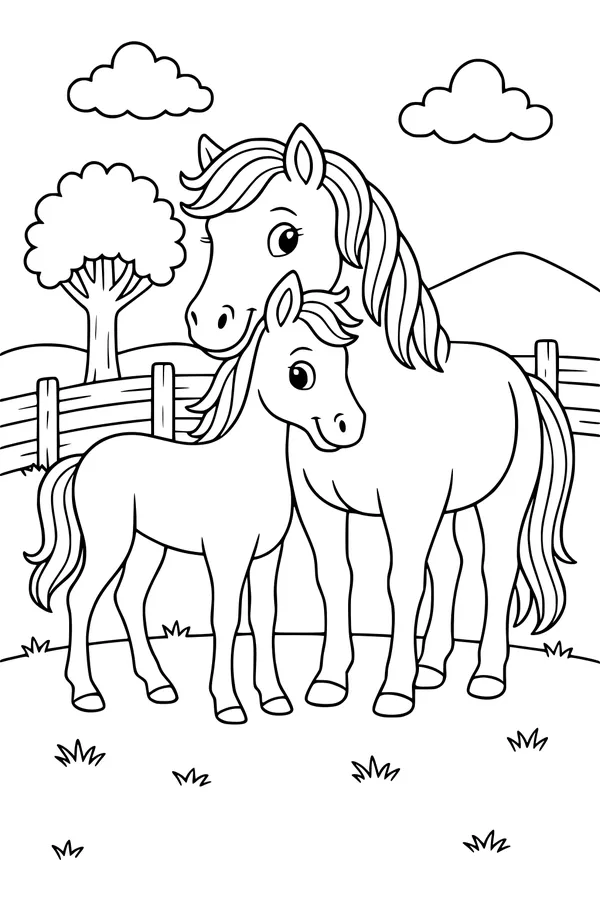 Free Horse Coloring Page - Mother Horse With Foal in Meadow (Printable PDF)