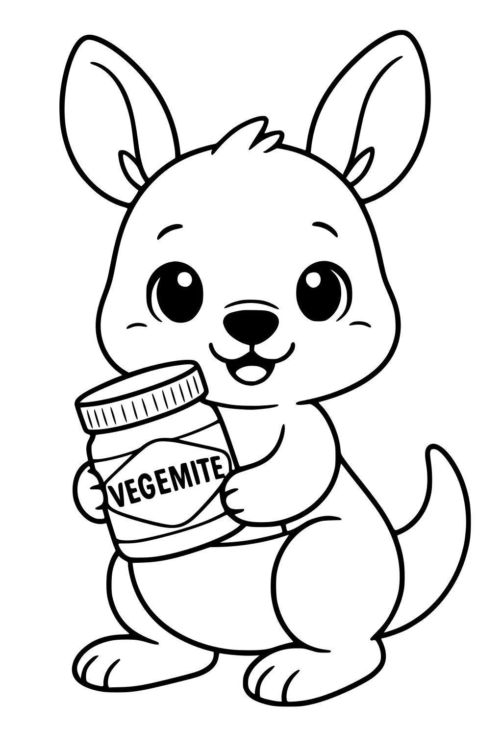 Cartoon baby kangaroo holding a Vegemite jar, sitting with ears up, smiling and looking forward.