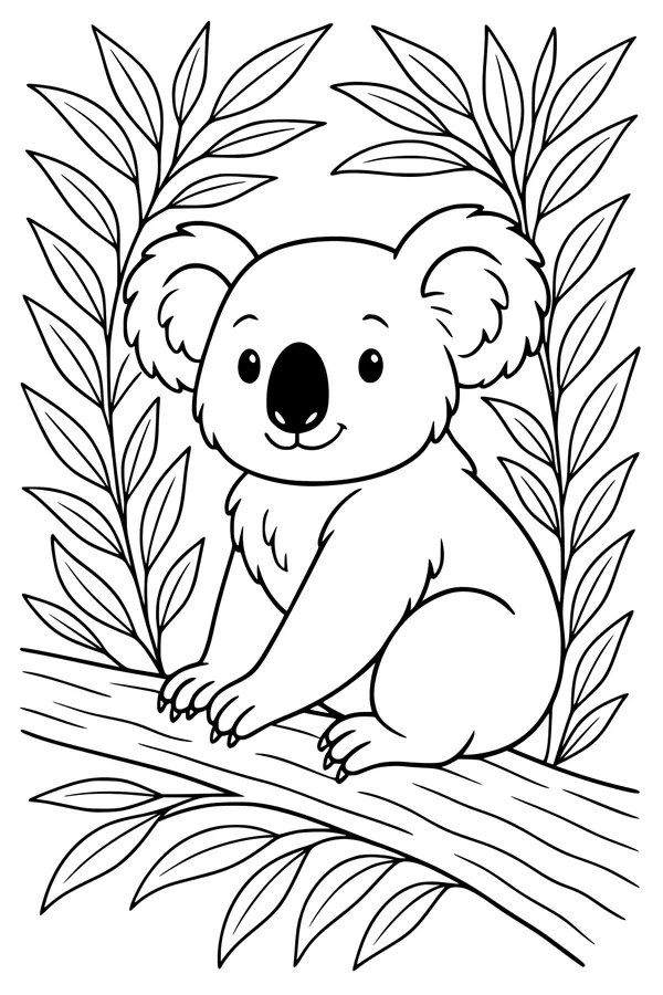 Free Koala Coloring Page - Fluffy Koala in Leafy Tree (Printable PDF)