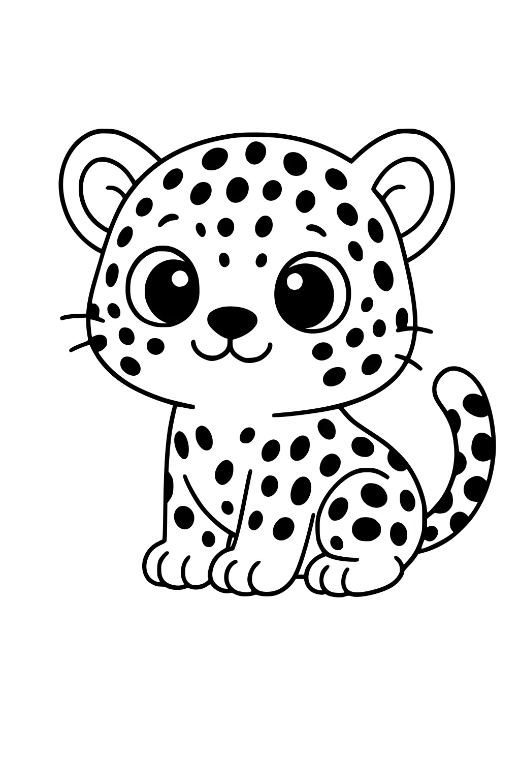 Cartoon leopard cub with big eyes, spotted fur, large rounded ears, a curled tail, and a small smiling mouth.