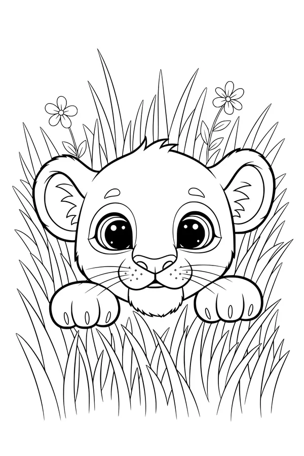 Free Lion Cub Coloring Page - Peekaboo in Tall Grass (Printable PDF)