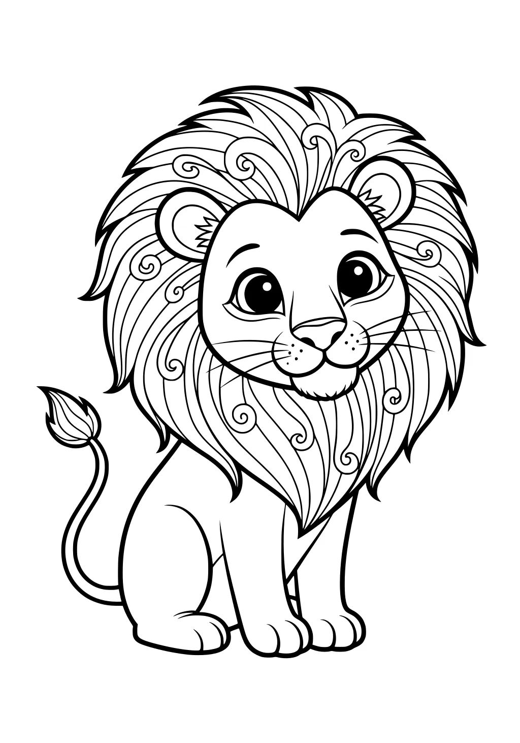 Cartoon lion cub with large swirly mane, sitting, smiling, with big eyes and fluffy tail.
