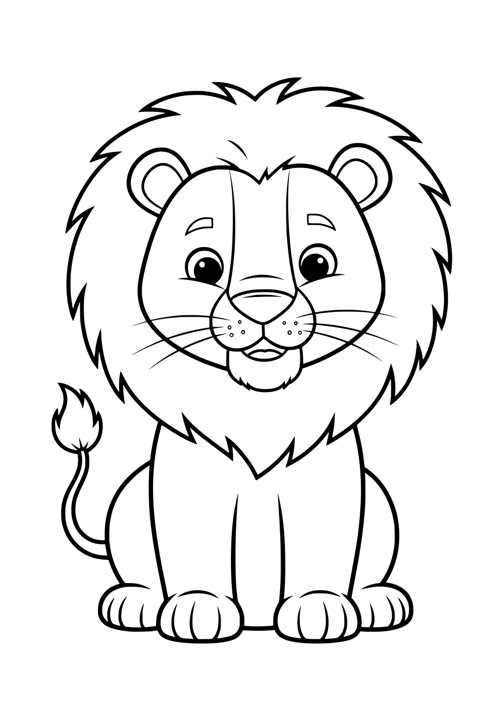 Cartoon lion cub sitting with big eyes, a fluffy mane, rounded paws, and a curled tail.