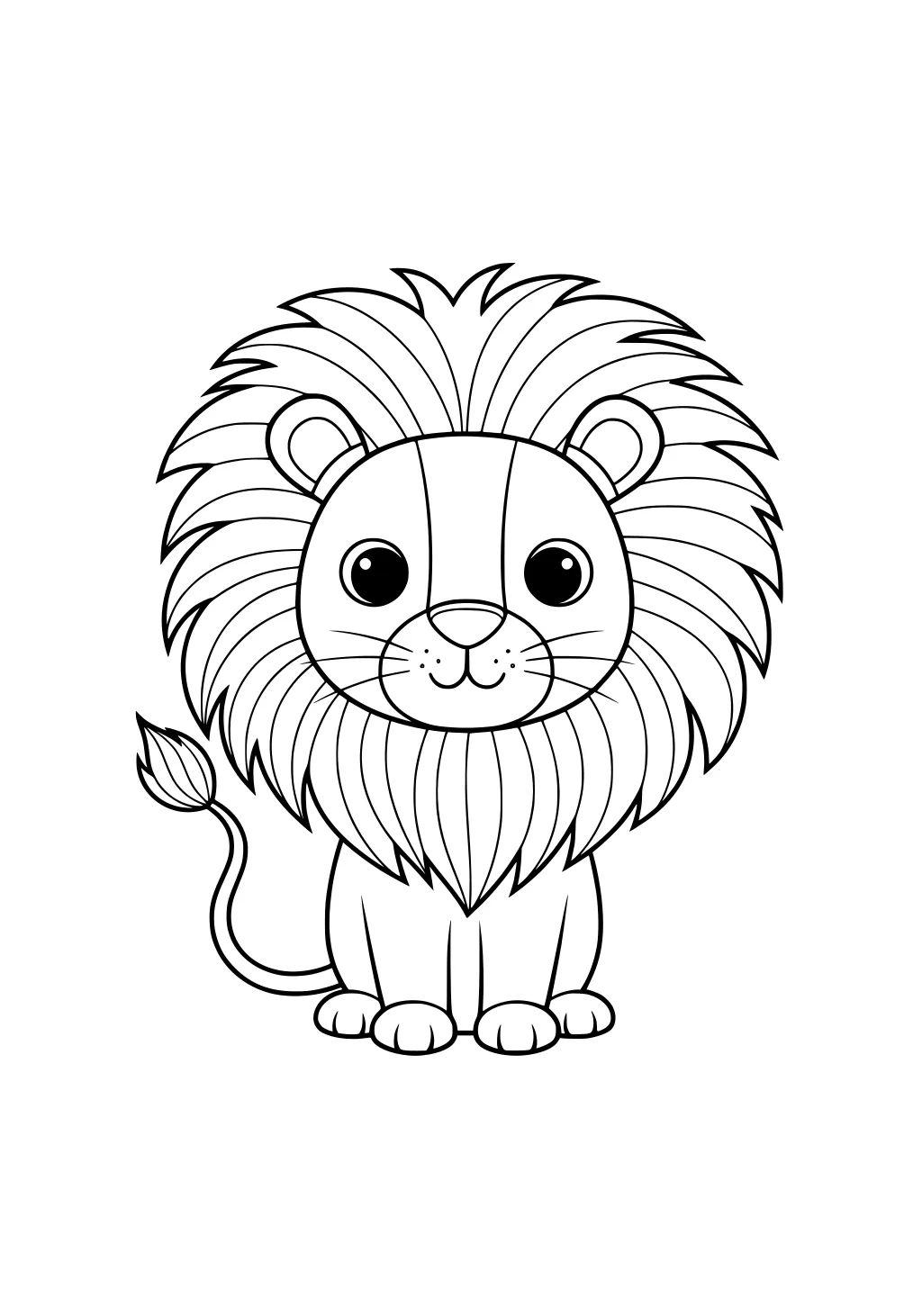 Line drawing of a cartoon lion with a large mane, round eyes, and a curled tail, sitting facing forward.