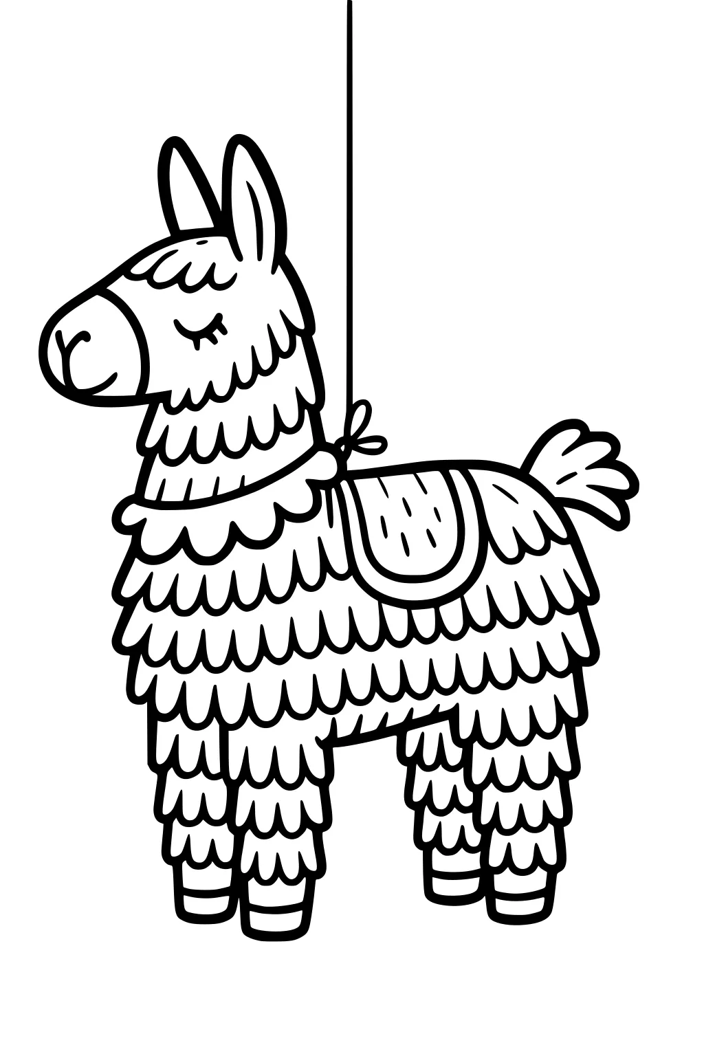 Cartoon llama piñata with layered wool, hanging by a string with a decorative saddle and bushy tail.