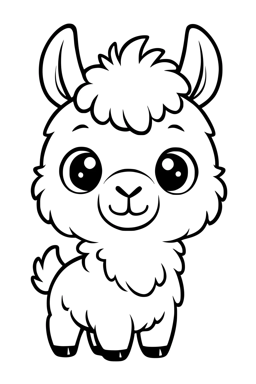 Cartoon llama with fluffy fur, big round eyes, upright ears, small nose, and a short bushy tail on white background.