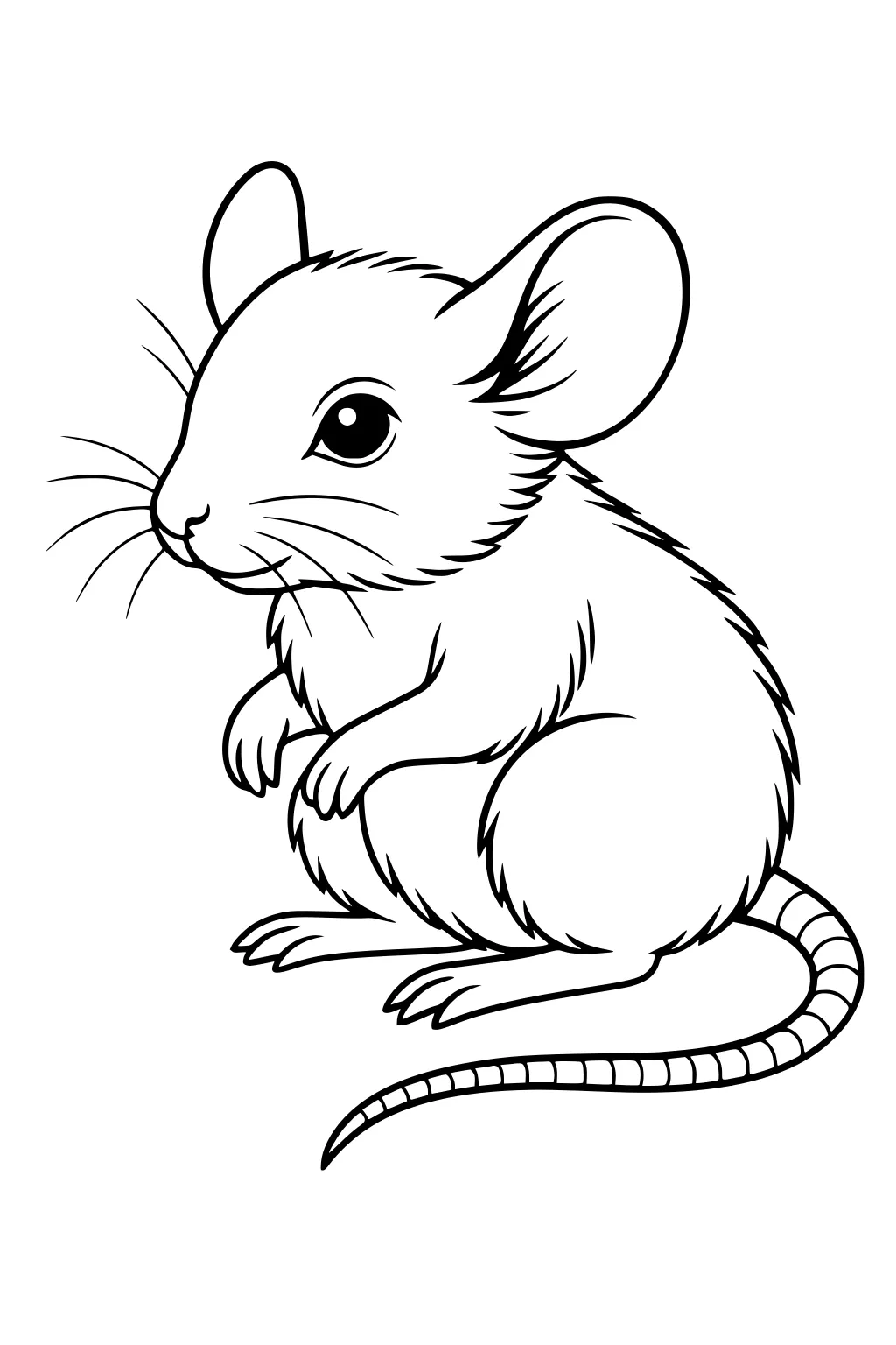 A chubby mouse sitting upright with big ears, tiny paws, and a curling tail.