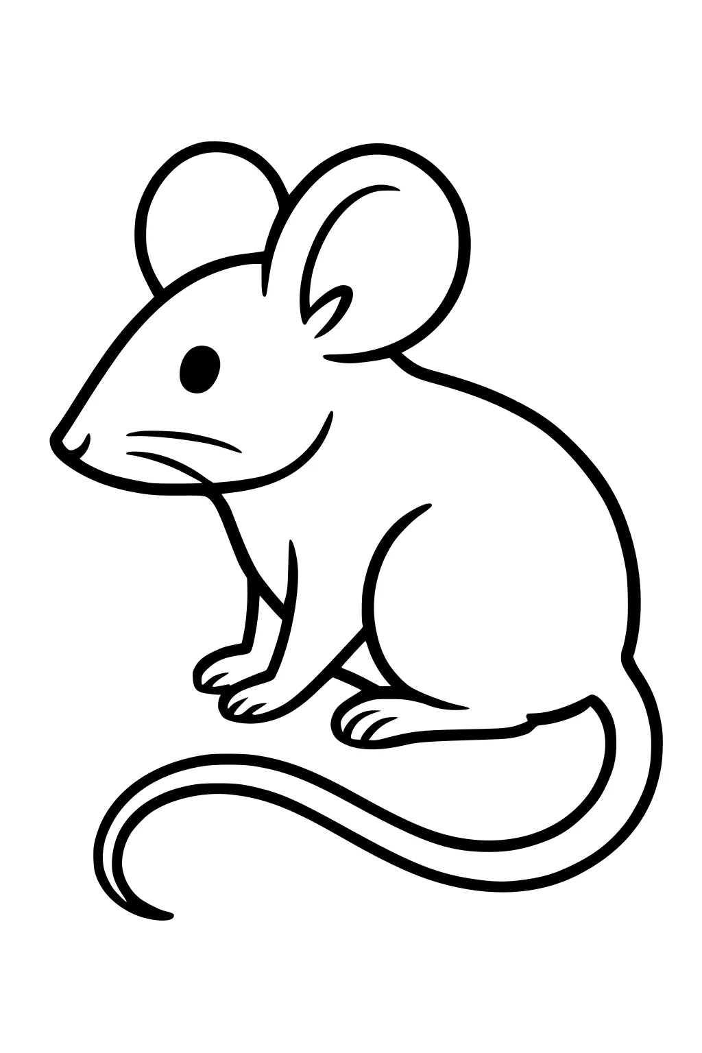 Line drawing of a mouse with big round ears, long tail, and small nose, sitting with its front and back paws visible.