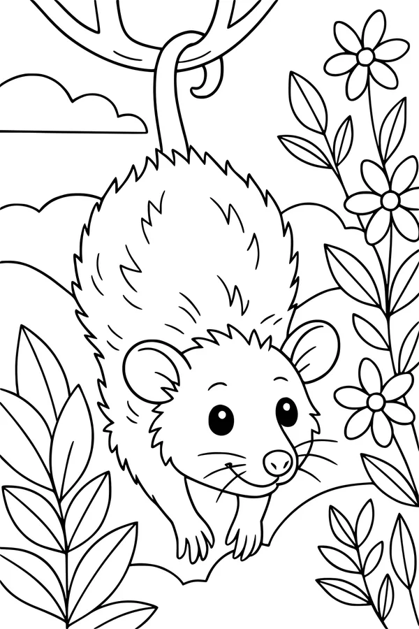 Free Opossum Coloring Page - Cute Cartoon Under a Tree (Printable PDF)