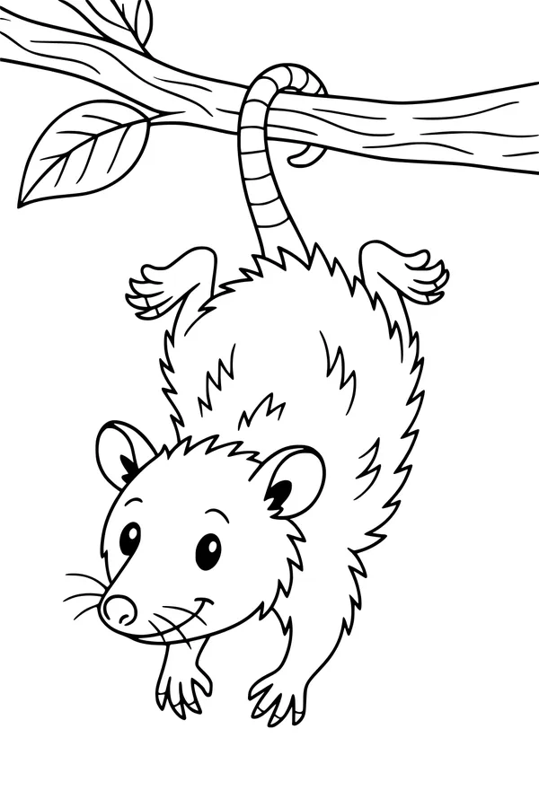 Free Opossum Coloring Page - Playful Opossum Hanging From Tree (Printable PDF)