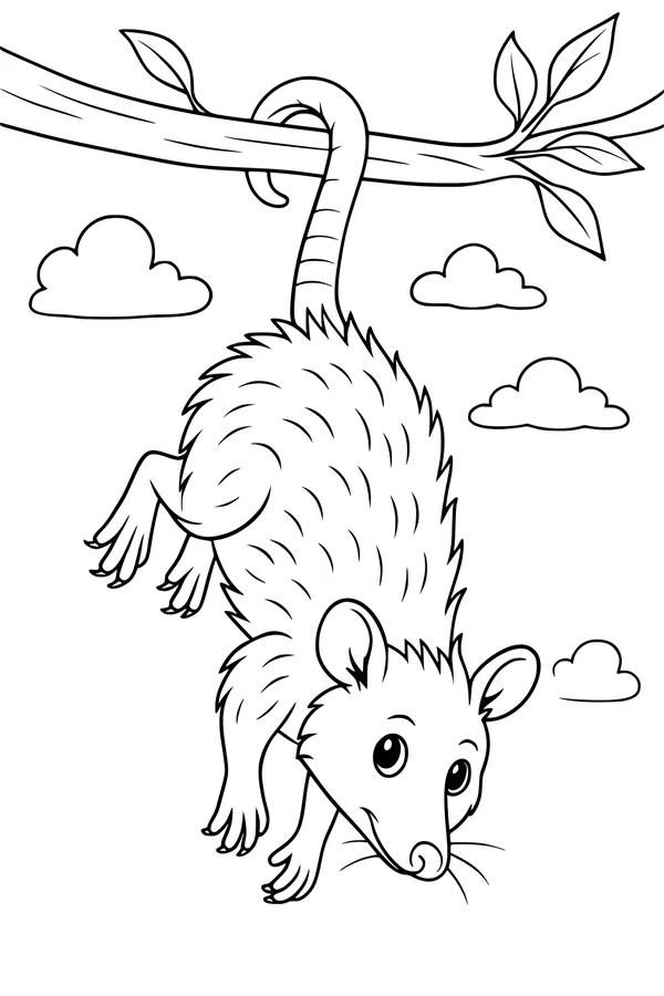 Free Opossum Coloring Page - Acrobat Hanging From Tree Branch (Printable PDF)