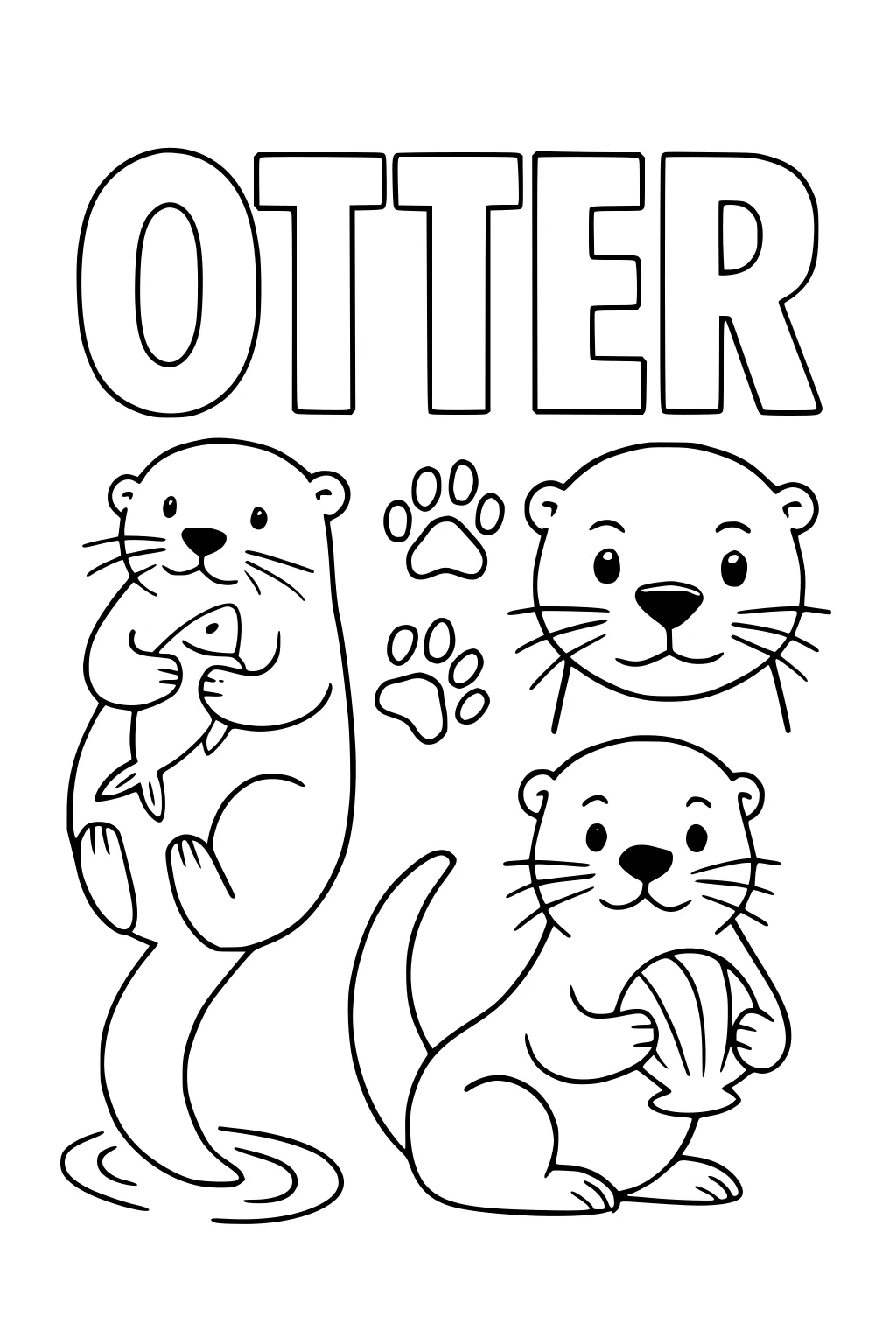 Three cartoon otters with big eyes, two otter faces, two paw prints, one otter with a fish, and one holding a shell under the word OTTER.